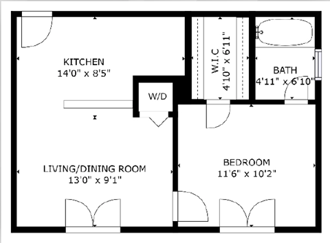 1 bed 1 bath floor plan C at The Eastern Apartments, Dallas, TX, 75204